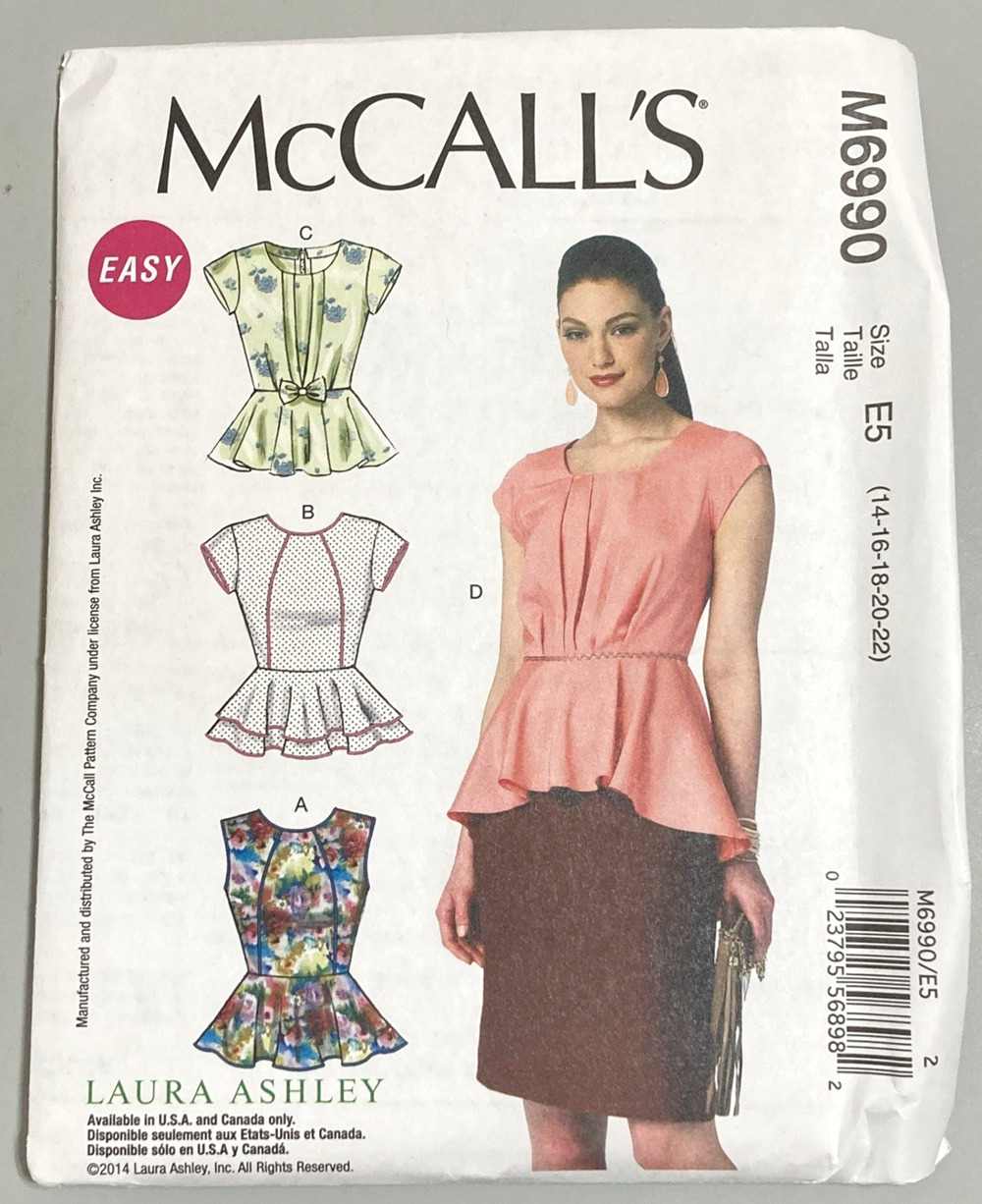 McCall 6990 Laura Ashley Pattern Misses Tops Neckline Flounce L-XXL 14-22 UNCUT
